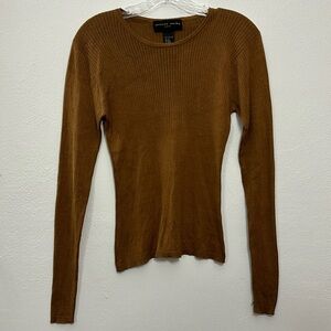August Silk Knits Ribbed Silk Knit Long Sleeve Top - Brown